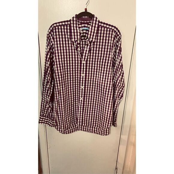 J. McLaughlin Purple and white Check Button Down Mens Top Shirt SZ L - Picture 1 of 9